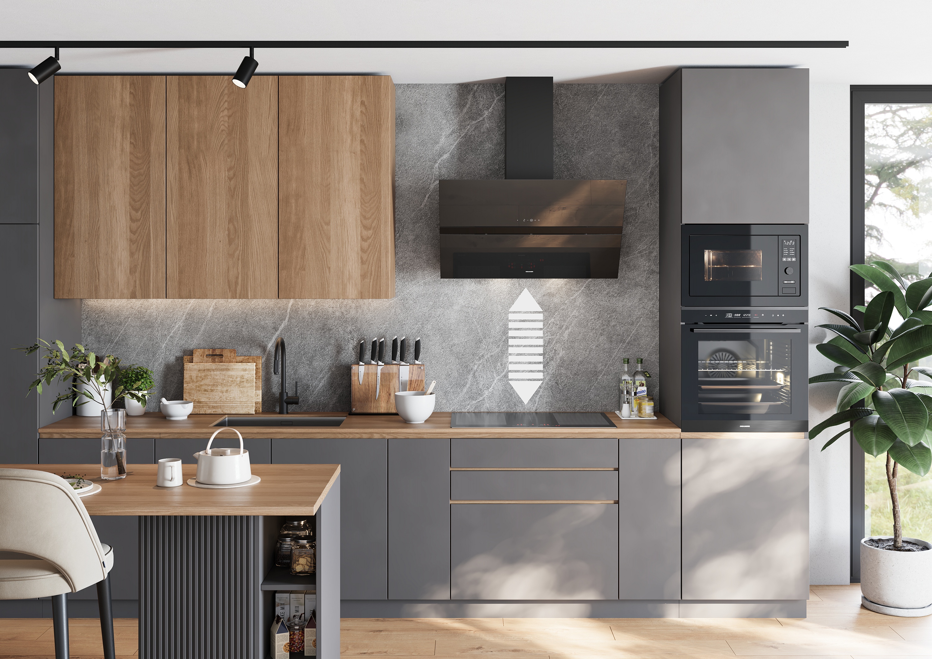 ORANIER hoodCON schwarze Kopffreihaube über Induktionskochfeld in grauer Küchenzeile